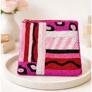 Kay Lee Pink Red Black Abstract Beaded Coin Purse New